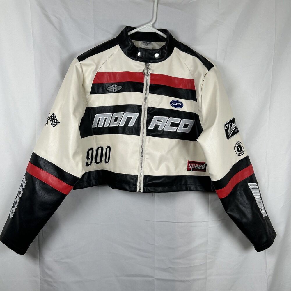 Spirit Halloween Monaco Racing Jacket Womens Small Cropped Moto Faux Leather Y2K
